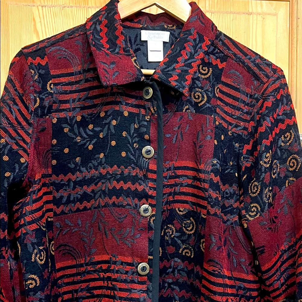 VNTG Christopher Banks Red and Black Patterned Tapestry Blazer Sz XL